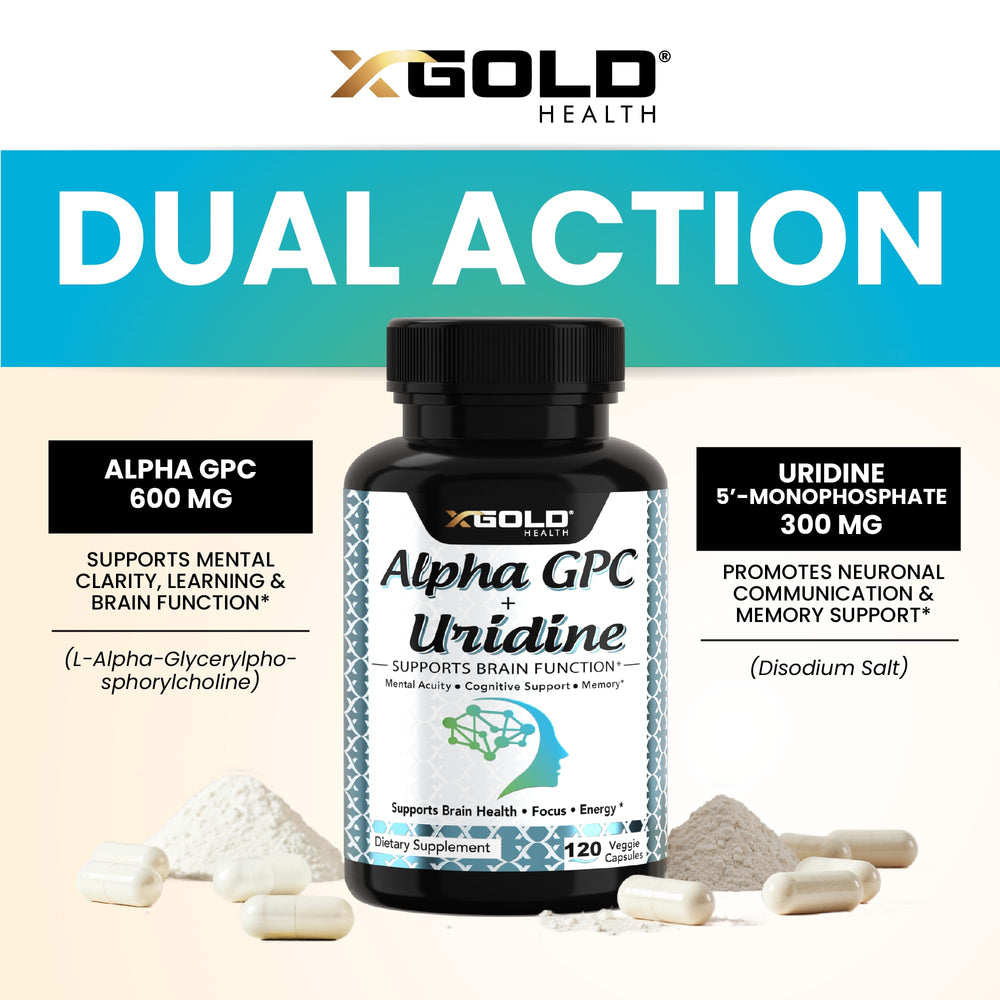 X Gold Health Alpha GPC Uridine label highlights vegan and gluten-free features
