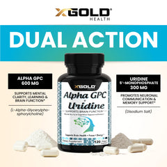 X Gold Health Alpha GPC Uridine label highlights vegan and gluten-free features