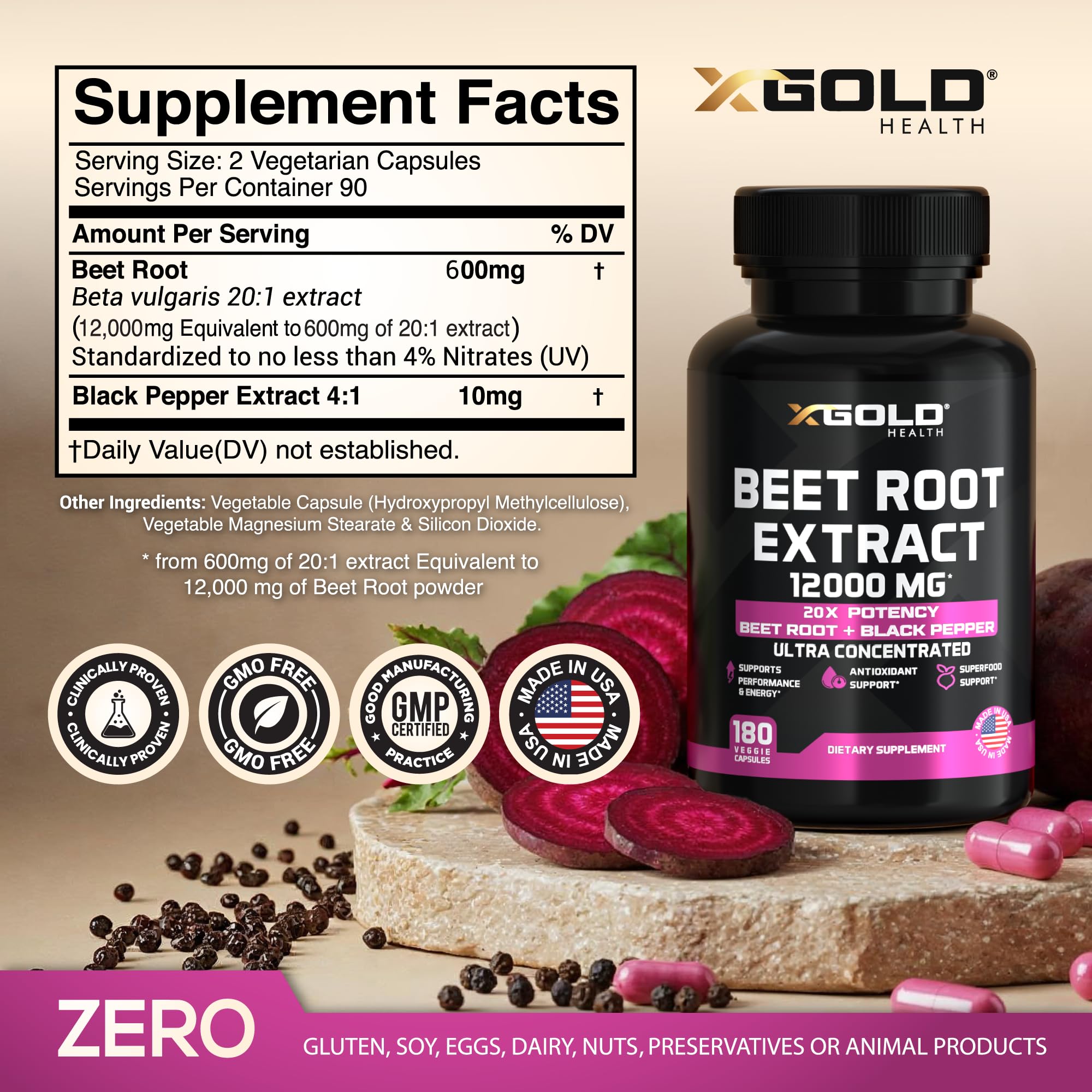 X Gold Health Beet Root Extract capsules closeup highlighting concentrated 12000mg formula for vitality.