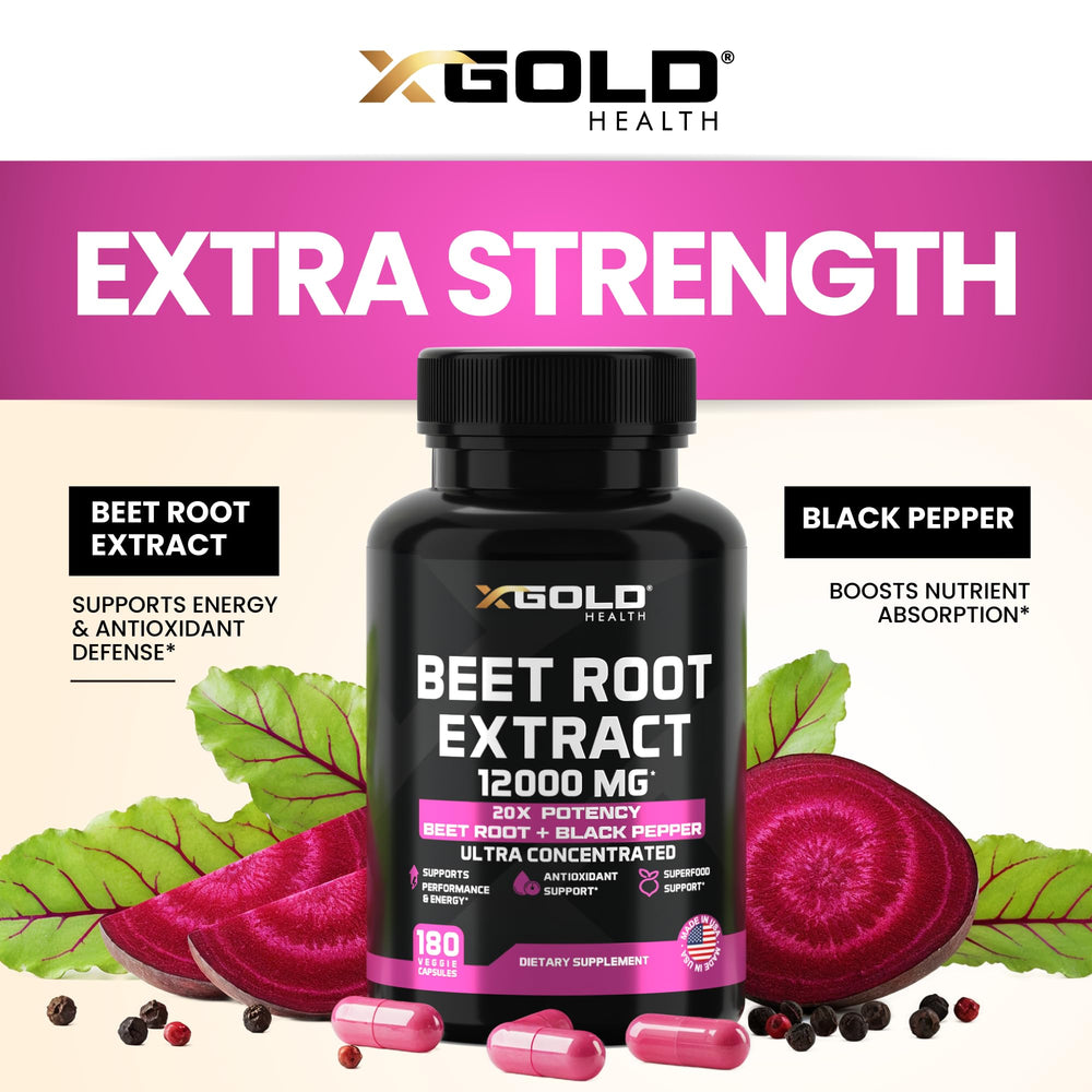X Gold Health Beet Root Extract label detail emphasizes USA-made quality and purity.