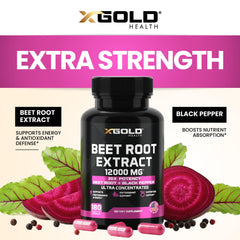 X Gold Health Beet Root Extract label detail emphasizes USA-made quality and purity.