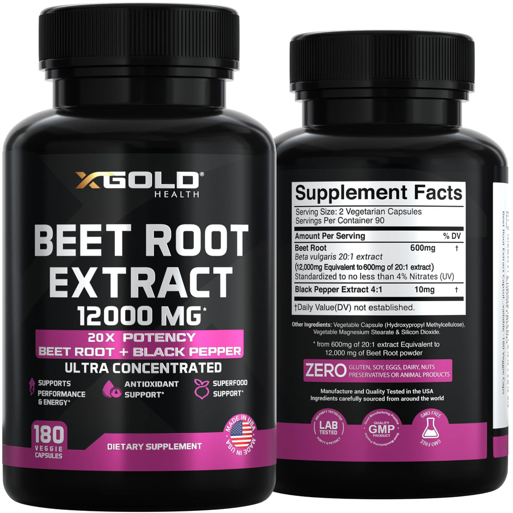 X Gold Health Beet Root Extract purity and third-party testing sticker signals transparency.