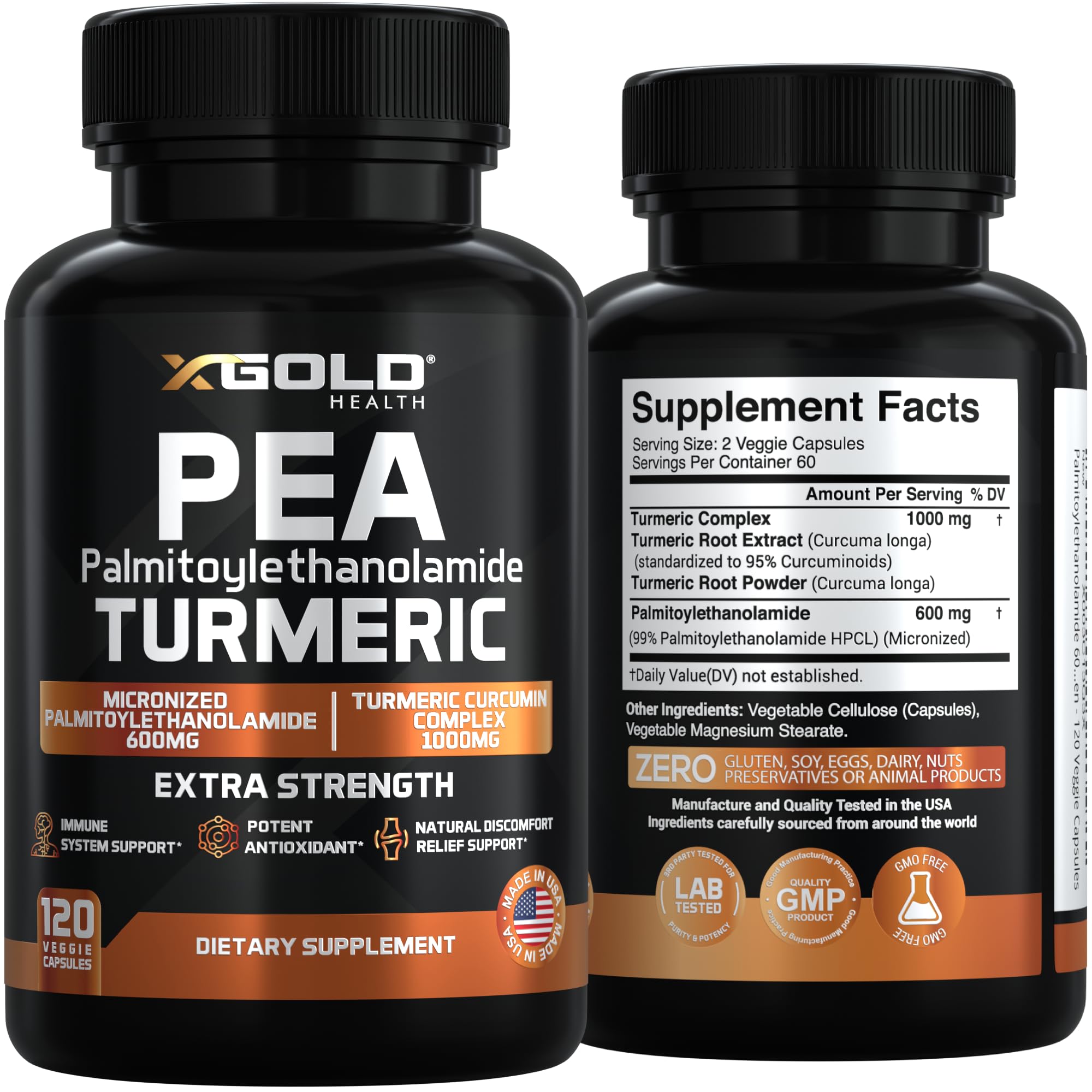 X Gold Health capsule closeup shows micronized PEA and turmeric components.