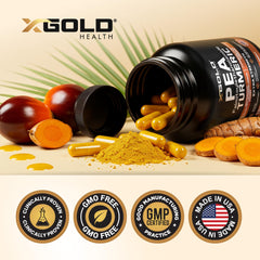 X Gold Health Made in USA seal on bottle signals trusted production.
