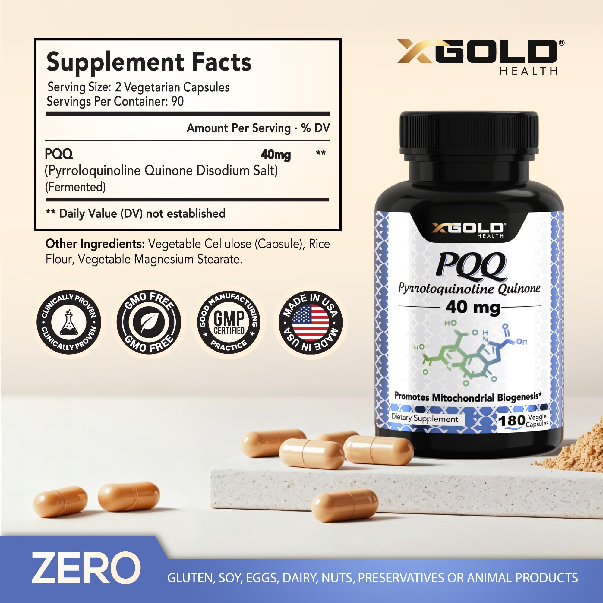 X Gold Health Mitochondrial Energy Optimizer capsules closeup showing vegan capsules for clean energy.