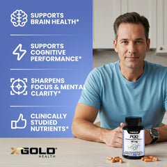 X Gold Health Mitochondrial Energy Optimizer gluten-free label on bottle for sensitive diets.