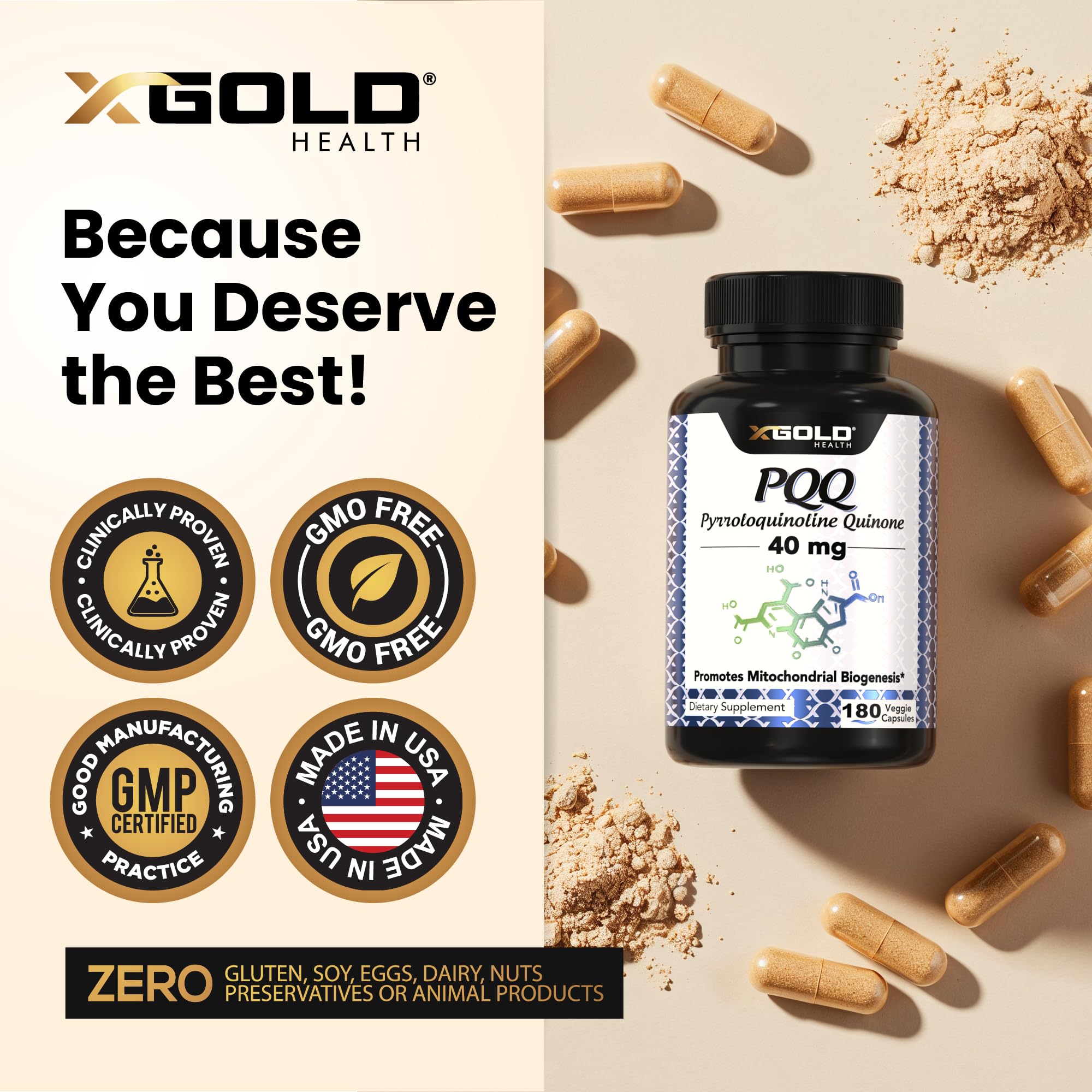 X Gold Health Mitochondrial Energy Optimizer non-GMO badge on packaging signaling clean formulation.