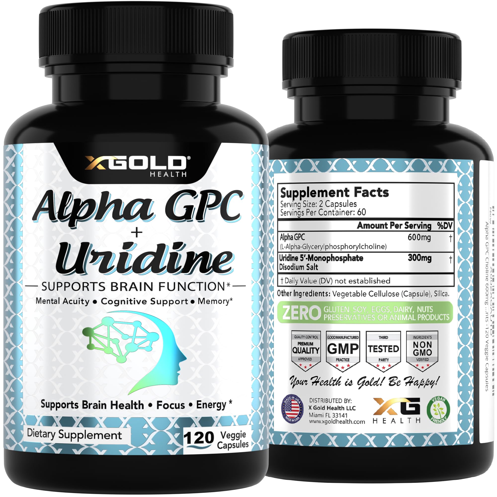 X Gold Health Alpha GPC Uridine packaging features science-inspired symbols