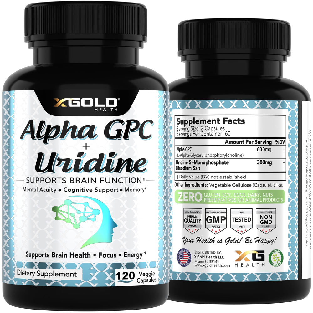 X Gold Health Alpha GPC Uridine packaging features science-inspired symbols