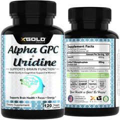 X Gold Health Alpha GPC Uridine packaging features science-inspired symbols