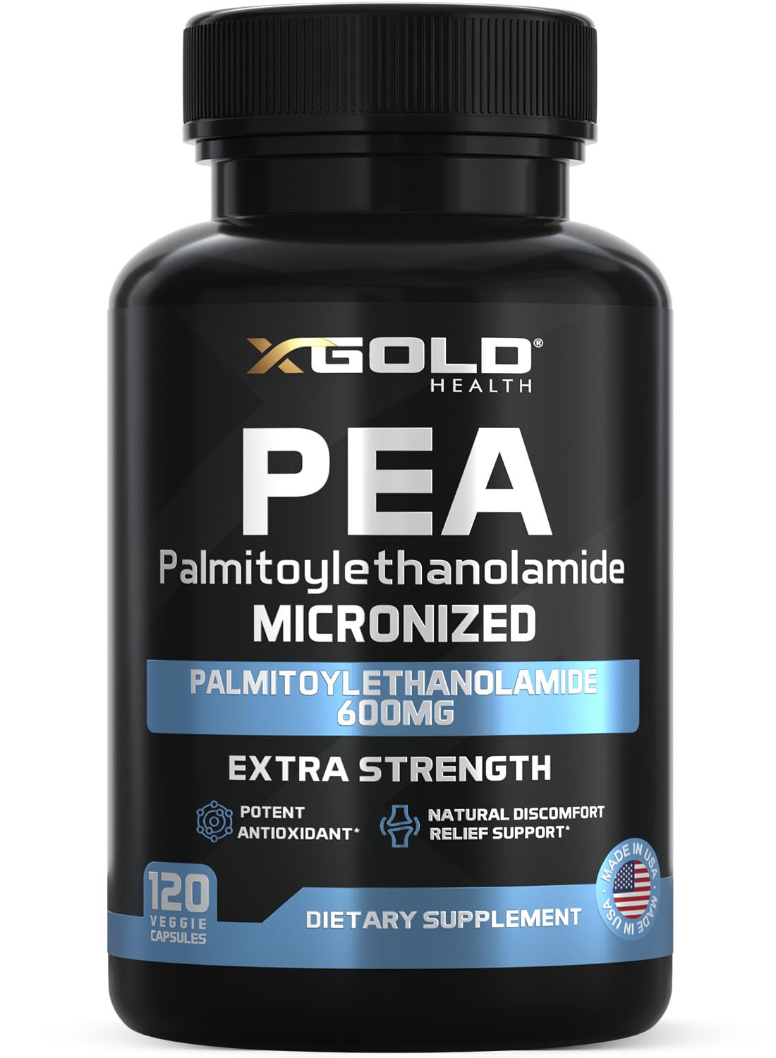 X Gold Health Palmitoylethanolamide pea bottle front showing premium micronized capsules for daily comfort
