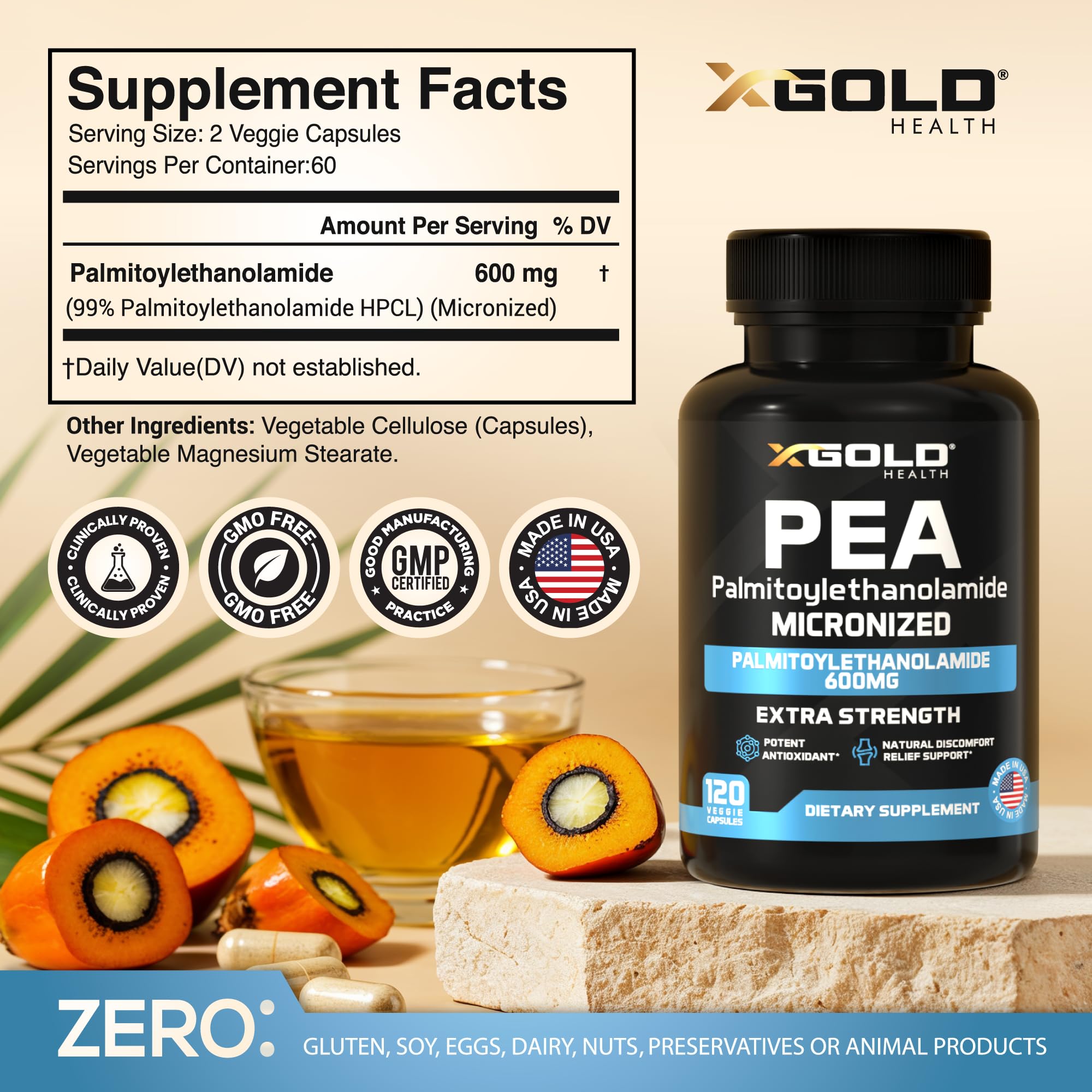 X Gold Health Palmitoylethanolamide pea bottle opened with capsules ready for daily use