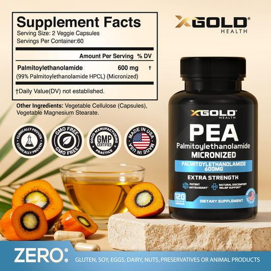 X Gold Health Palmitoylethanolamide pea bottle opened with capsules ready for daily use