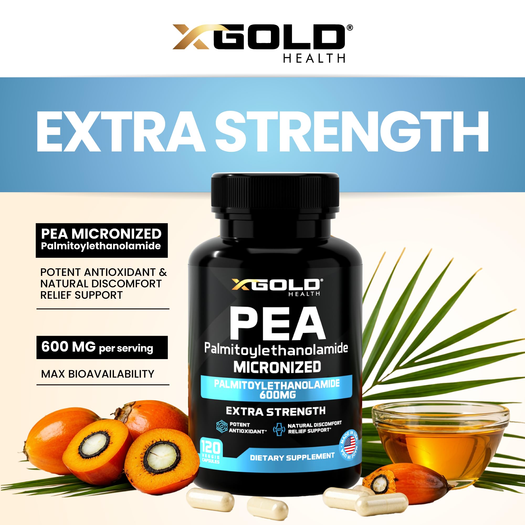 X Gold Health Palmitoylethanolamide pea capsules close-up highlighting micronized 600 mg per serving