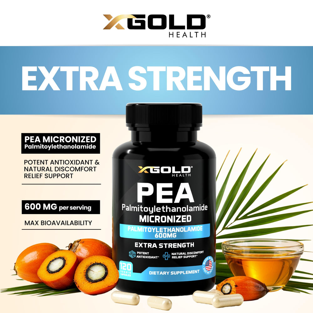 X Gold Health Palmitoylethanolamide pea capsules close-up highlighting micronized 600 mg per serving