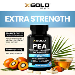 X Gold Health Palmitoylethanolamide pea capsules close-up highlighting micronized 600 mg per serving