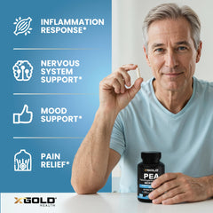 X Gold Health Palmitoylethanolamide pea label close-up showing purity and ingredients