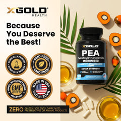 X Gold Health Palmitoylethanolamide pea packaging box communicates USA-made quality