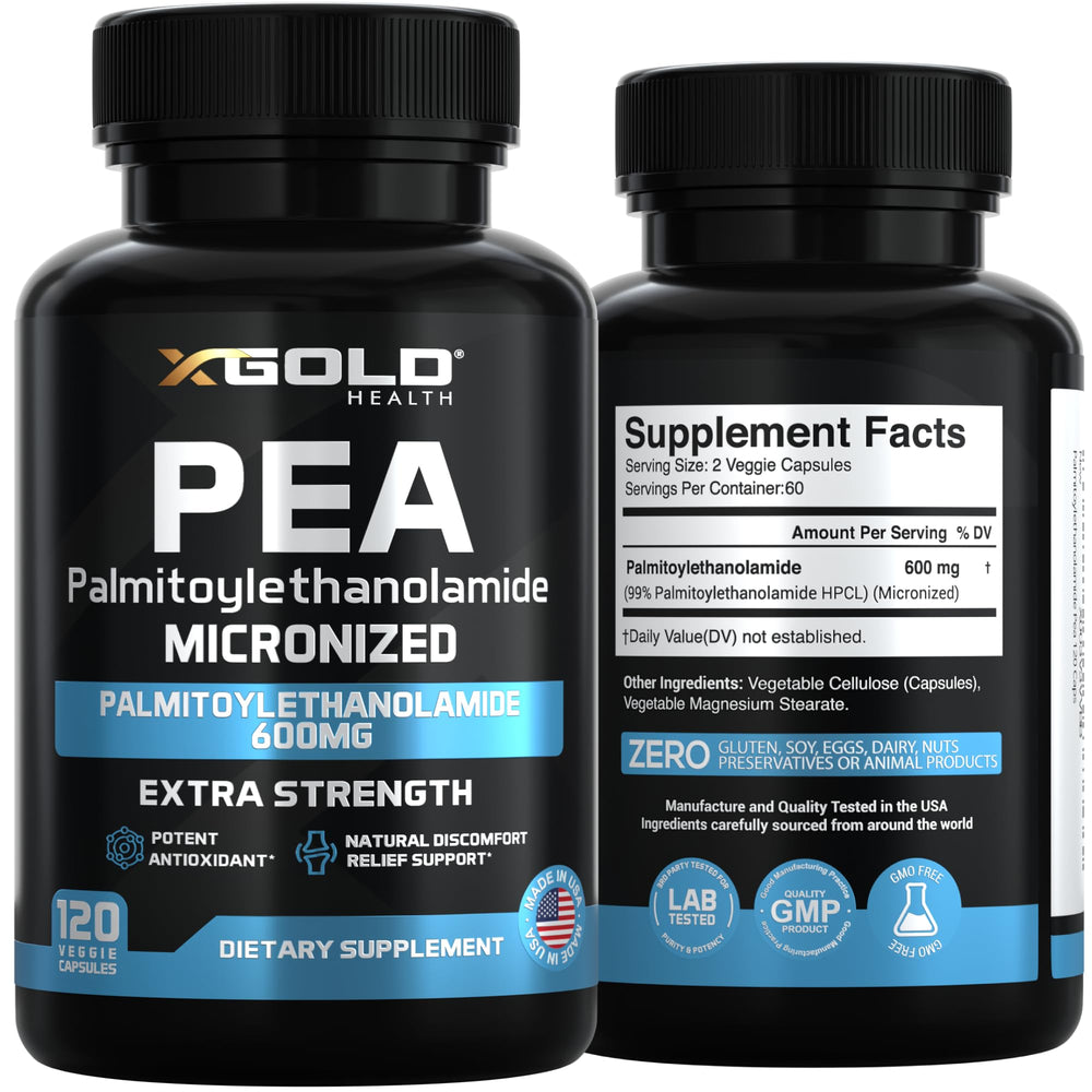 X Gold Health Palmitoylethanolamide pea science background indicating micronized formula