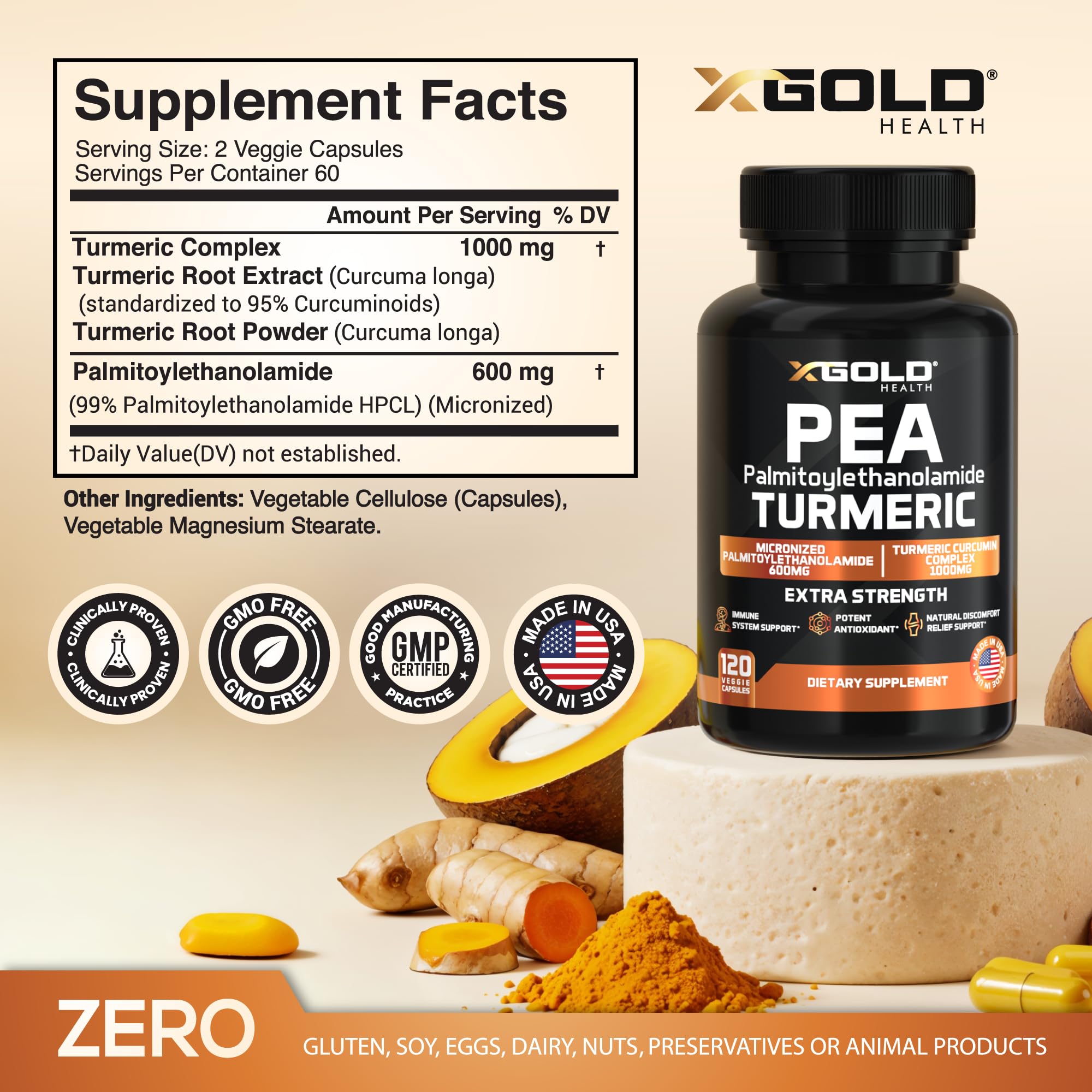 X Gold Health pea-palmitoylethanolamide-turmeric capsules on desk for daily mobility support.