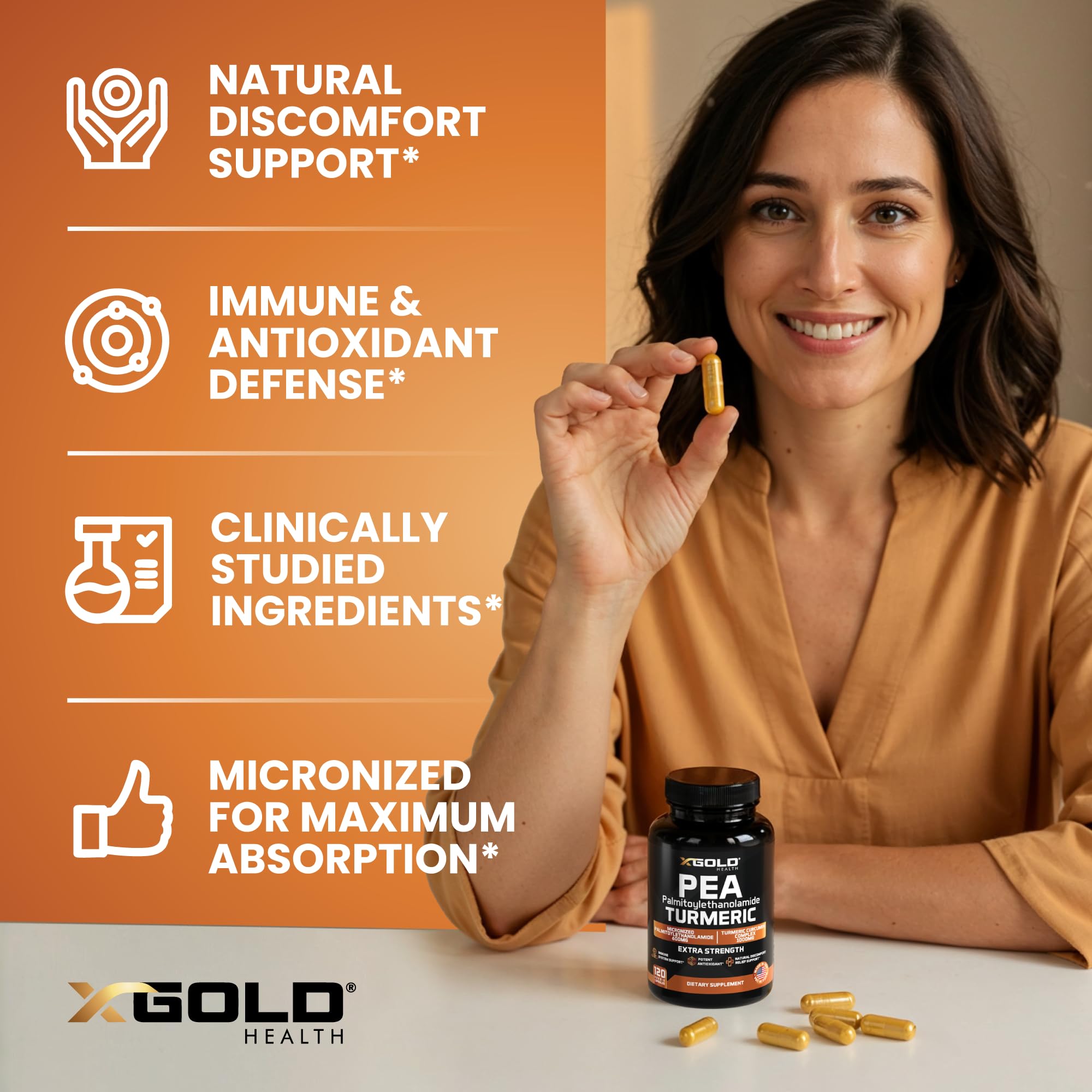 X Gold Health pea-palmitoylethanolamide-turmeric label closeup for ingredient transparency.