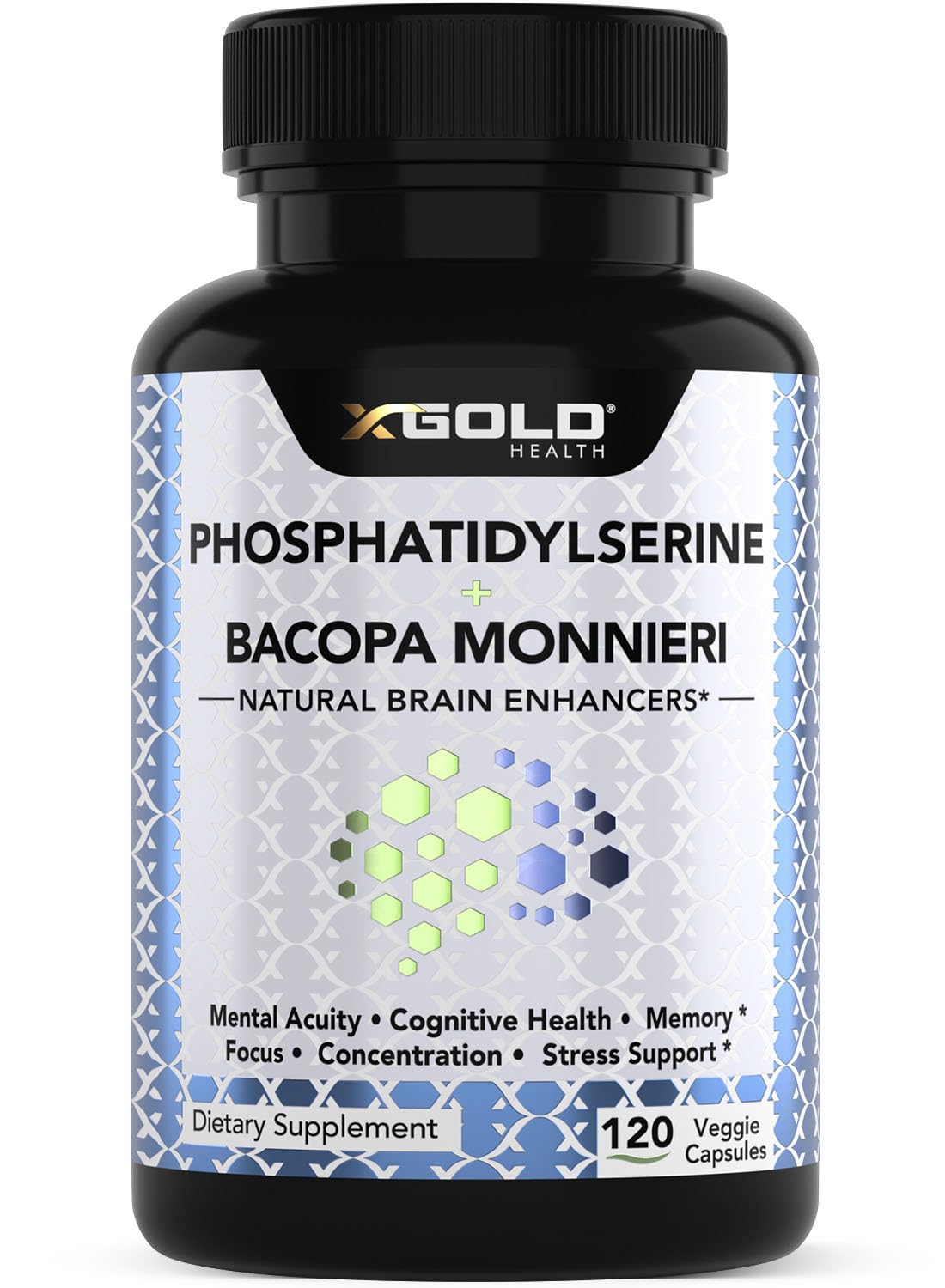 X Gold Health phosphatidylserine and Bacopa 800mg bottle supports daily focus.