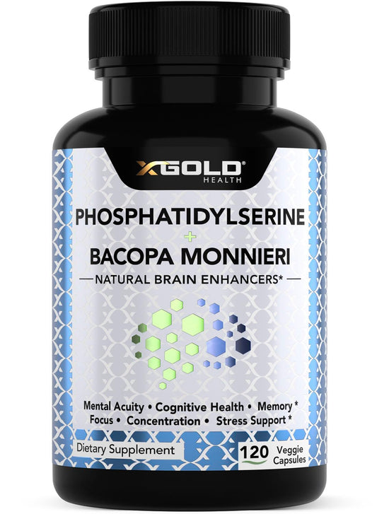 X Gold Health phosphatidylserine and Bacopa 800mg bottle supports daily focus.