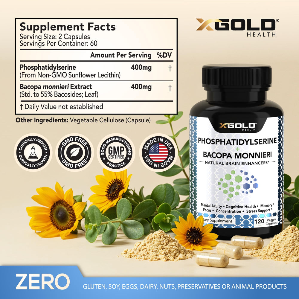 X Gold Health PS Bacopa capsules provide a compact 2-in-1 nootropic.