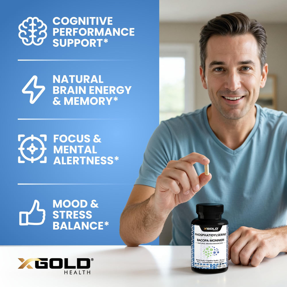 X Gold Health vegan-friendly bottle offers clean brain support.