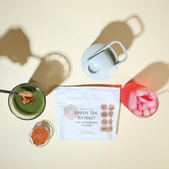 Xalya Green Tea Extract Powder in a coffee cup illustrating clean energy without caffeine