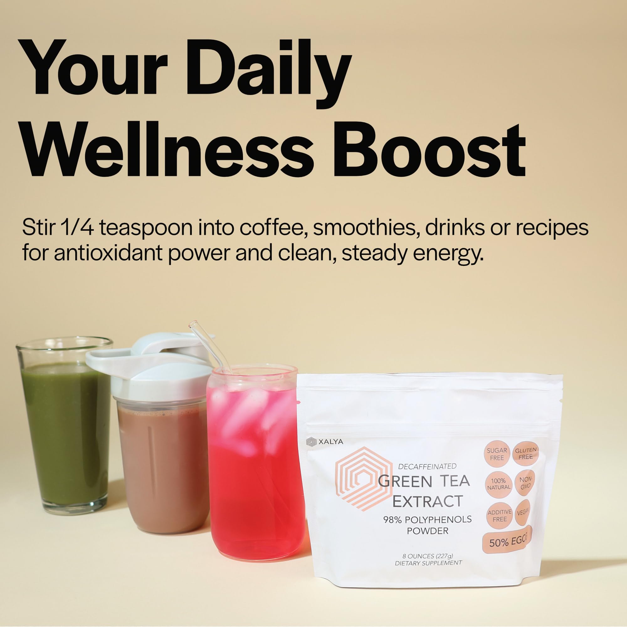 Xalya Green Tea Extract label front highlighting decaffeinated, polyphenol-rich formula