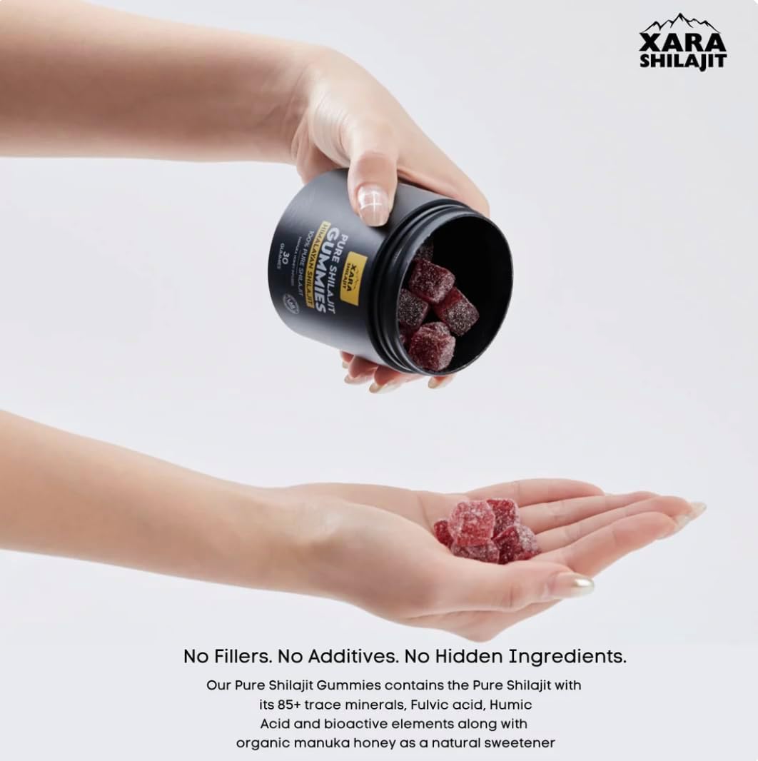 Xara Shilajit Gummies close-up highlighting Manuka honey sweetness