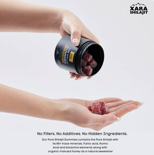 Xara Shilajit Gummies close-up highlighting Manuka honey sweetness