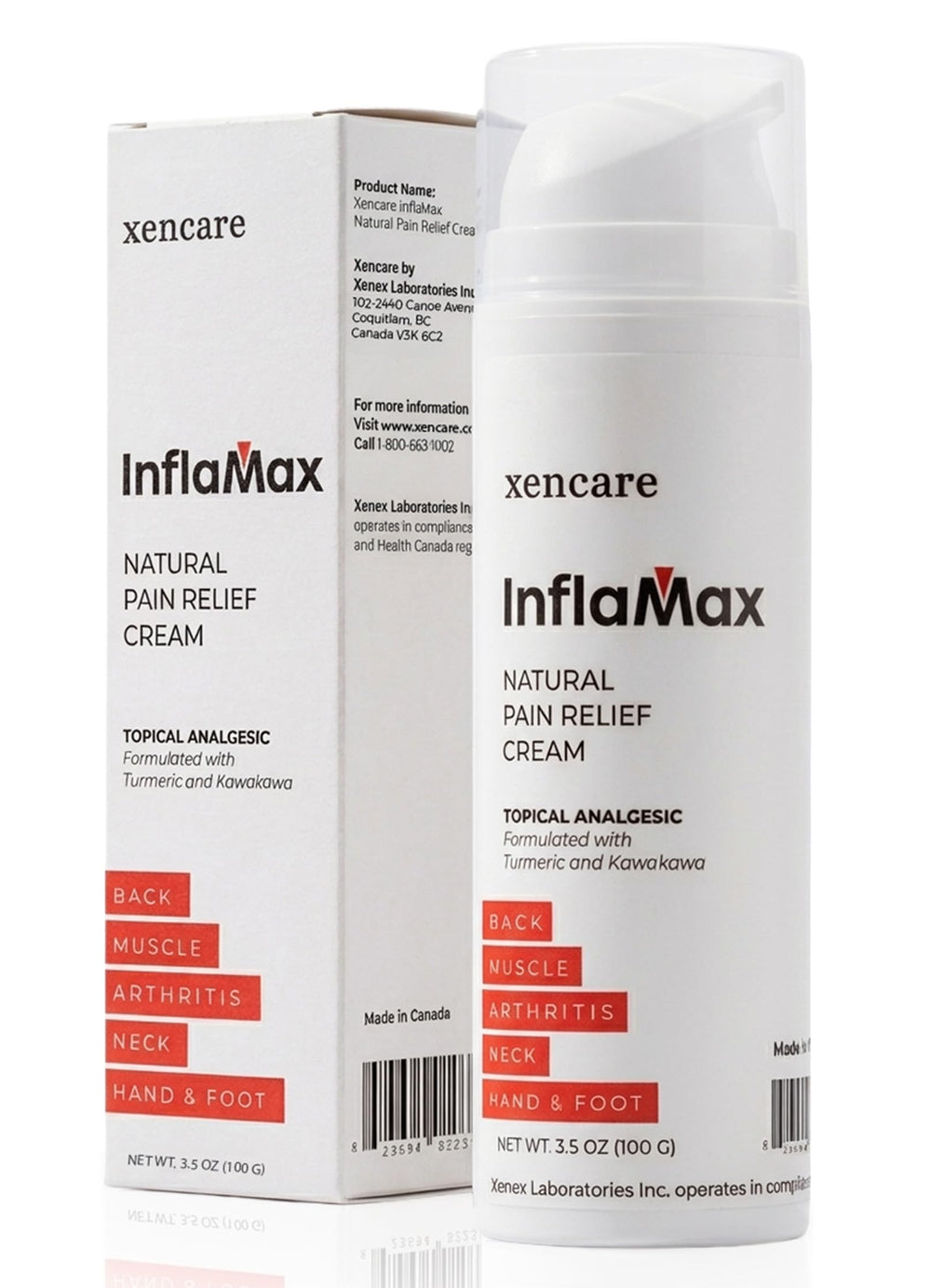 XenCare InflaMax airless pump bottle delivering clean, mess-free topical relief.