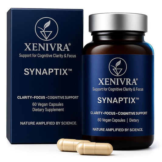 Xenivra Synaptix bottle showing 60 vegan capsules for daily focus