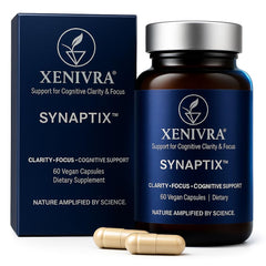 Xenivra Synaptix bottle showing 60 vegan capsules for daily focus