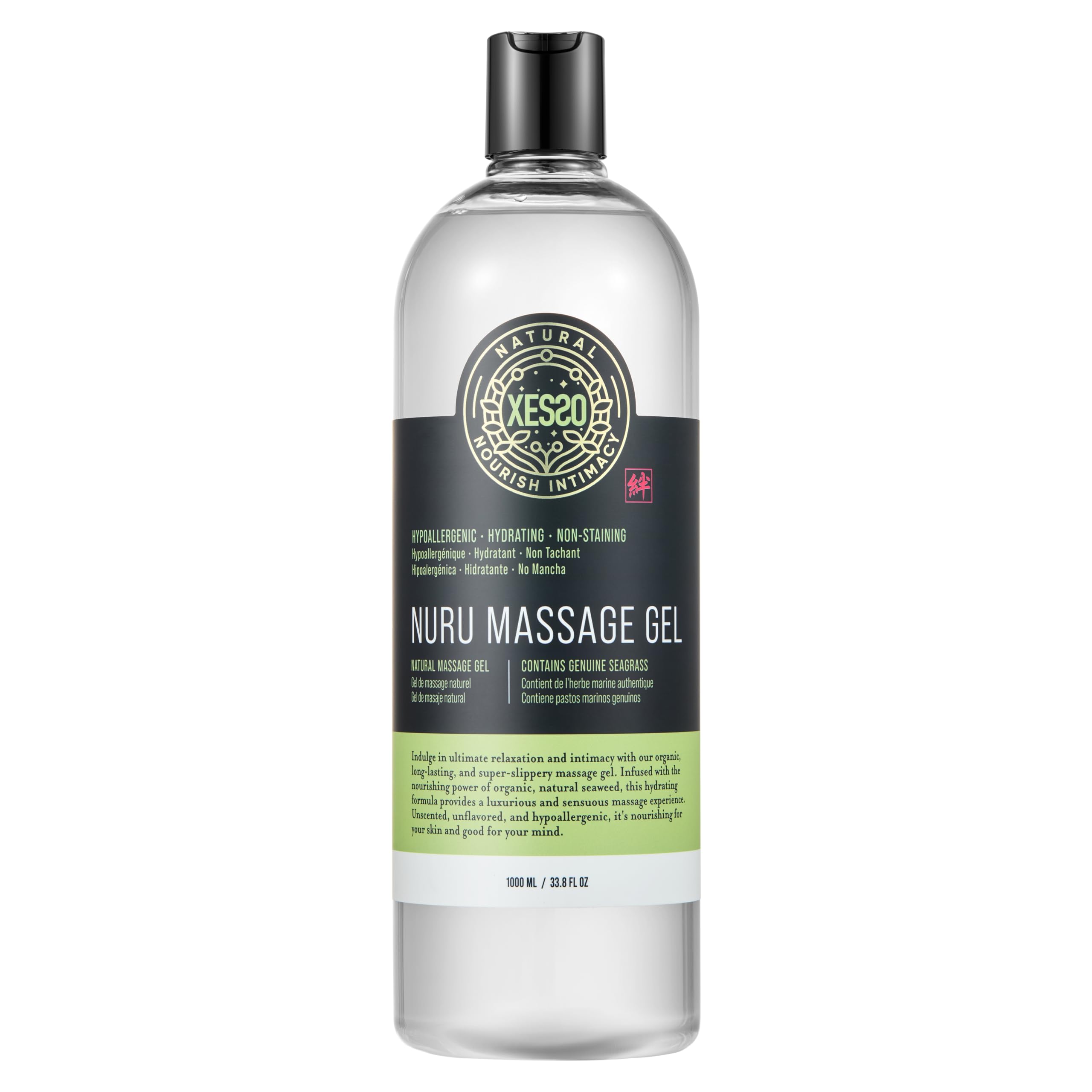XESSO Nuru gel bottle with water-based glide for full-body massage.