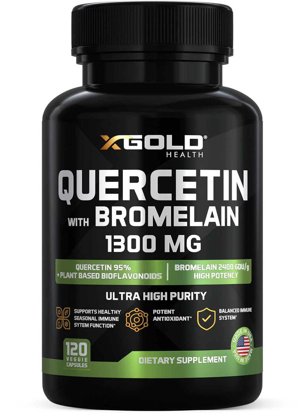 X Gold Health quercetin-bromelain bottle-1300mg showing premium quercetin for daily wellness