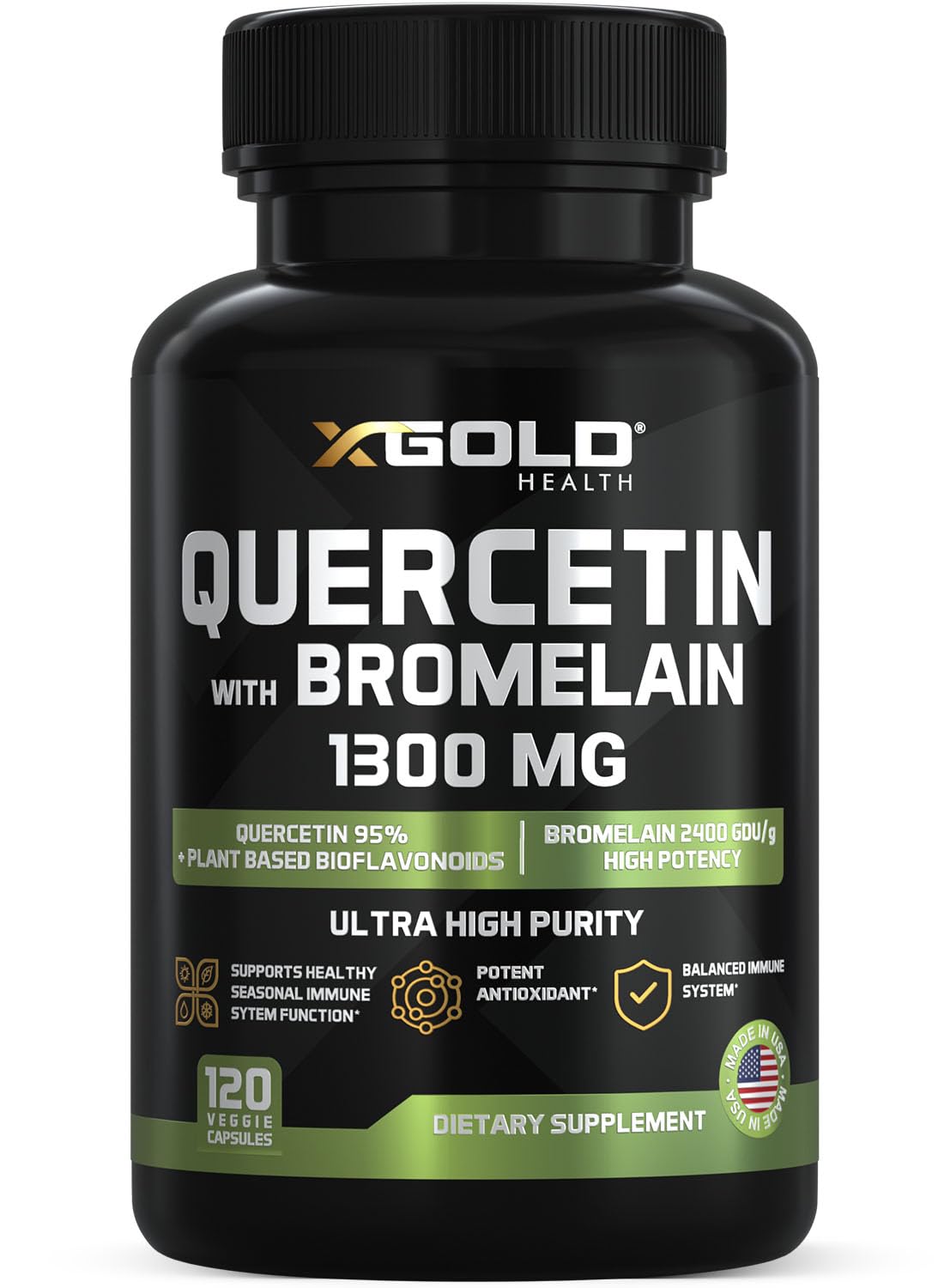 X Gold Health quercetin-bromelain bottle-1300mg showing premium quercetin for daily wellness