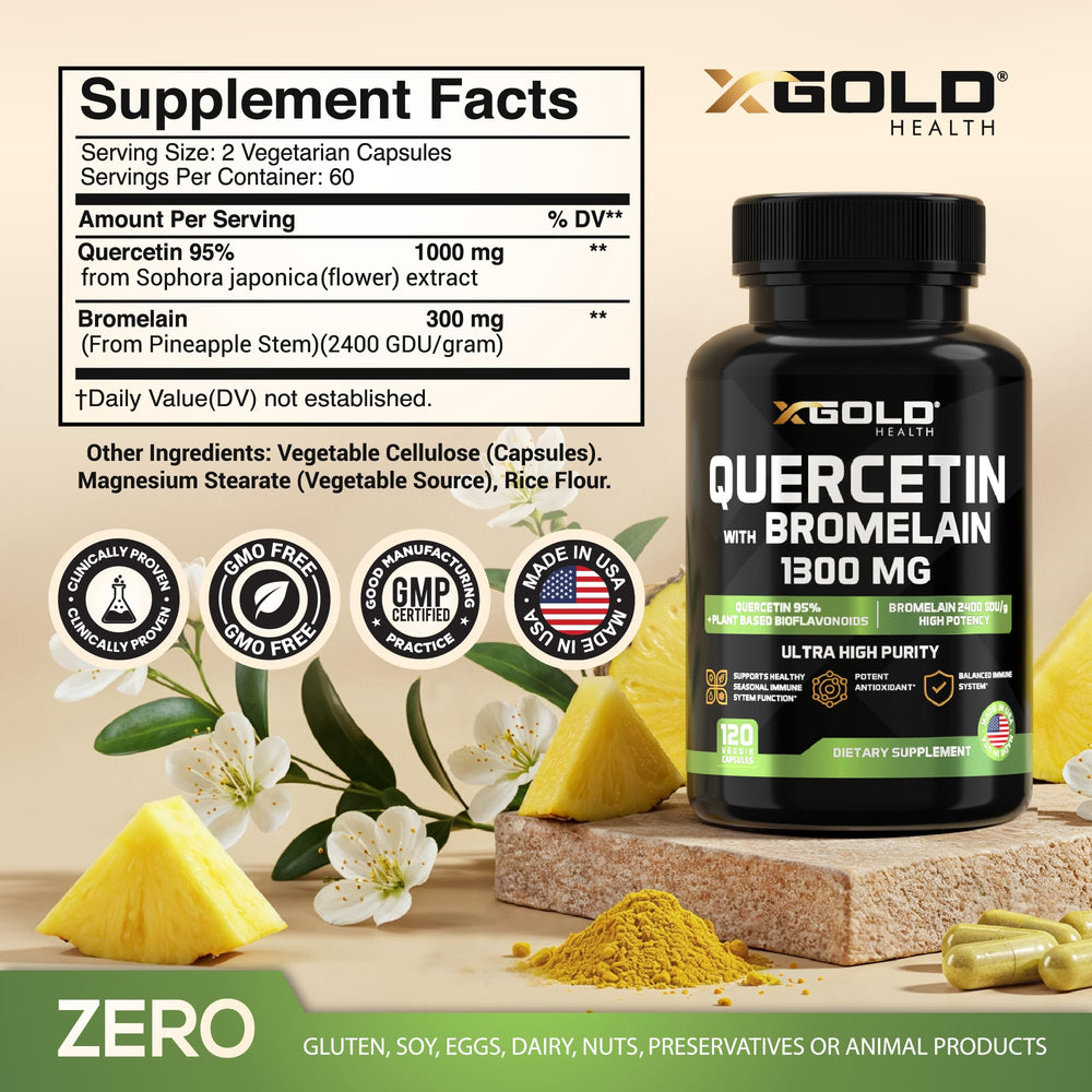 X Gold Health quercetin-bromelain capsules closeup highlighting vegetarian capsules