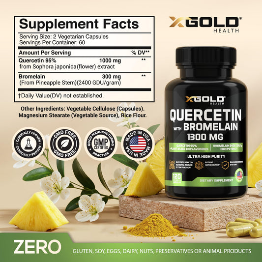 X Gold Health quercetin-bromelain capsules closeup highlighting vegetarian capsules