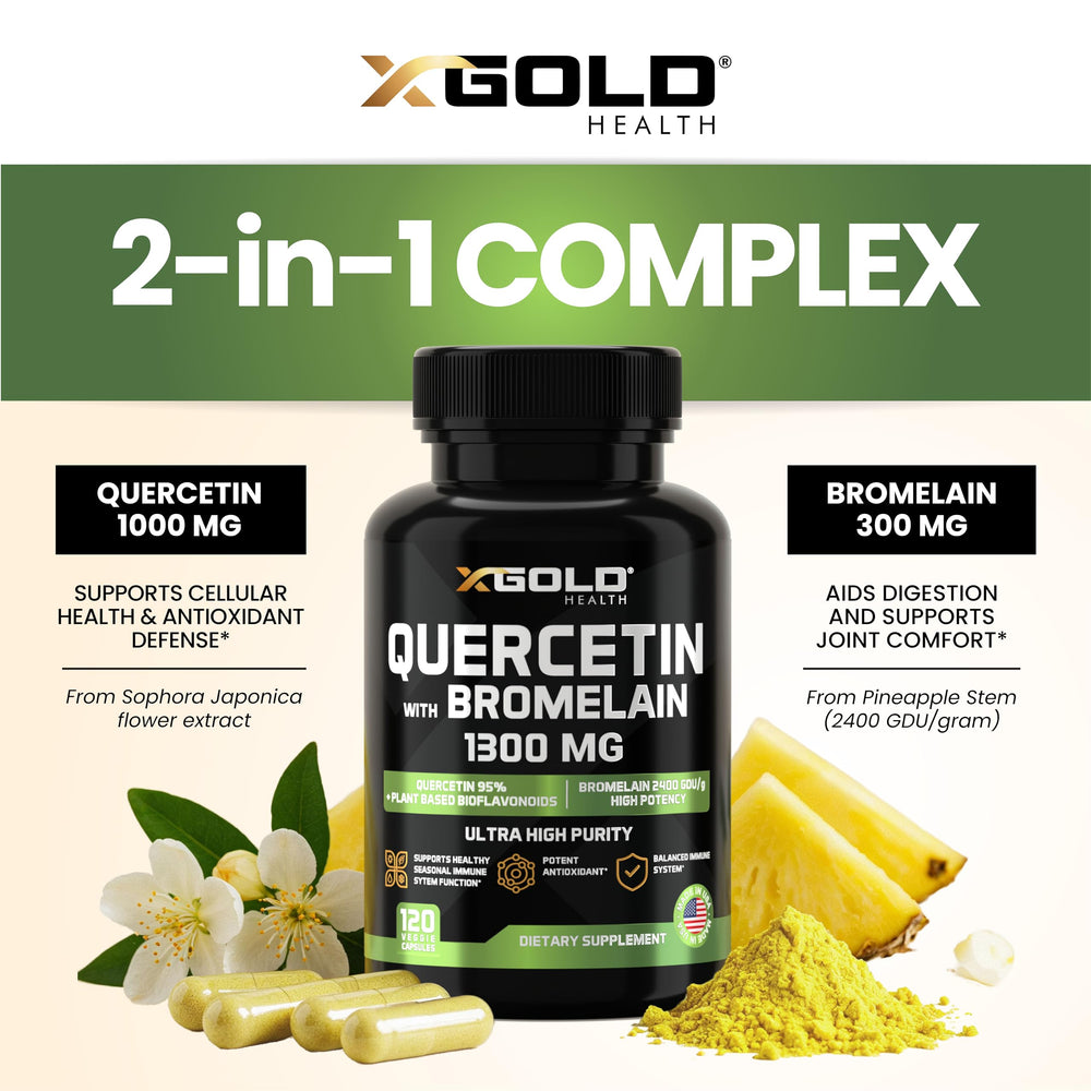 X Gold Health ingredients panel emphasizes quercetin and bromelain purity