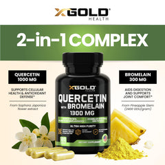 X Gold Health ingredients panel emphasizes quercetin and bromelain purity