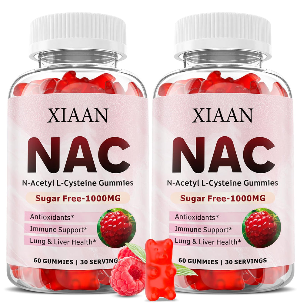 XIAAN NAC Gummies bottle shows raspberry flavor and 120-count packaging for daily immune support.