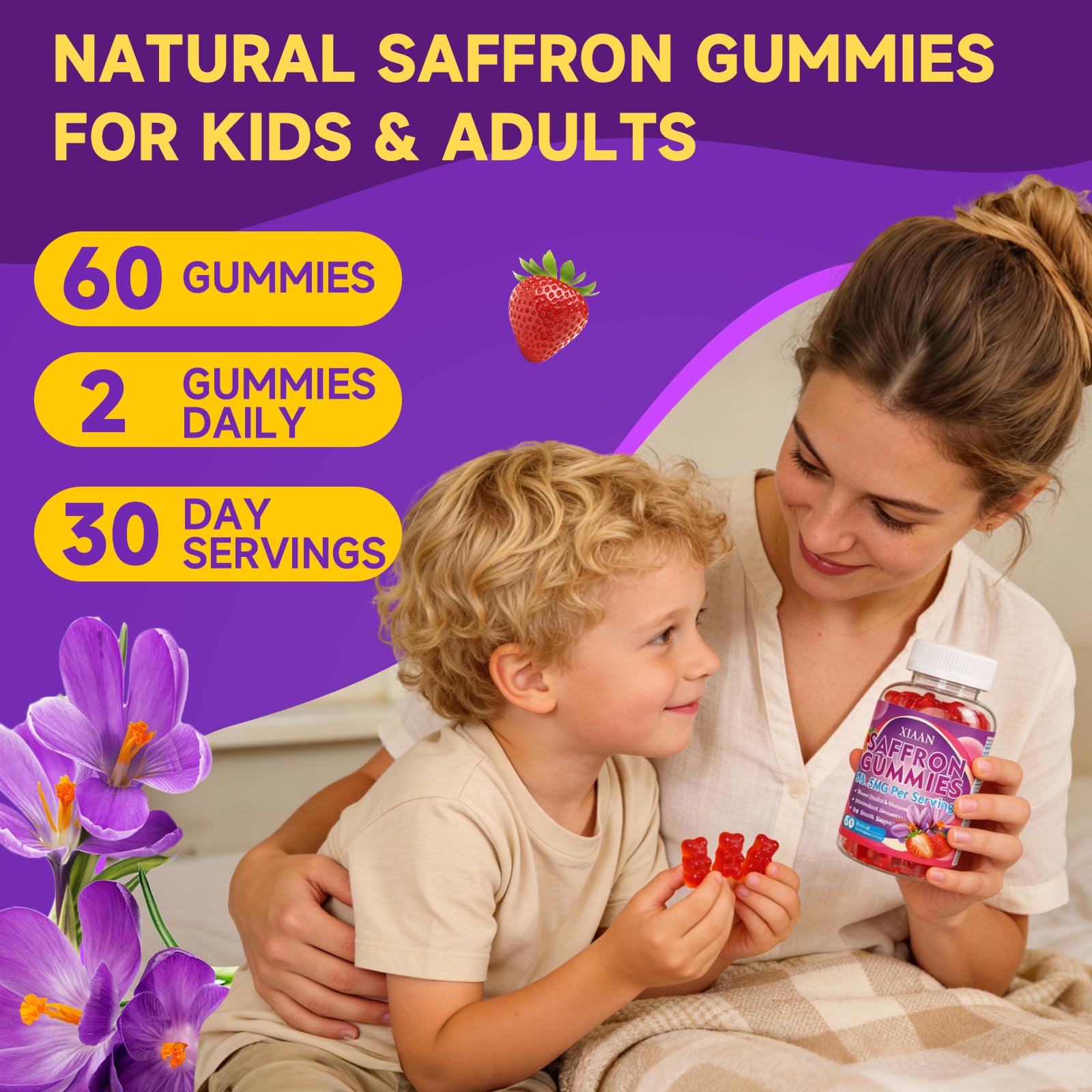 XIAAN saffron gummies nutrition panel highlights 88.5mg saffron per serving.