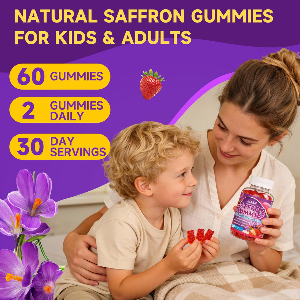 XIAAN saffron gummies nutrition panel highlights 88.5mg saffron per serving.