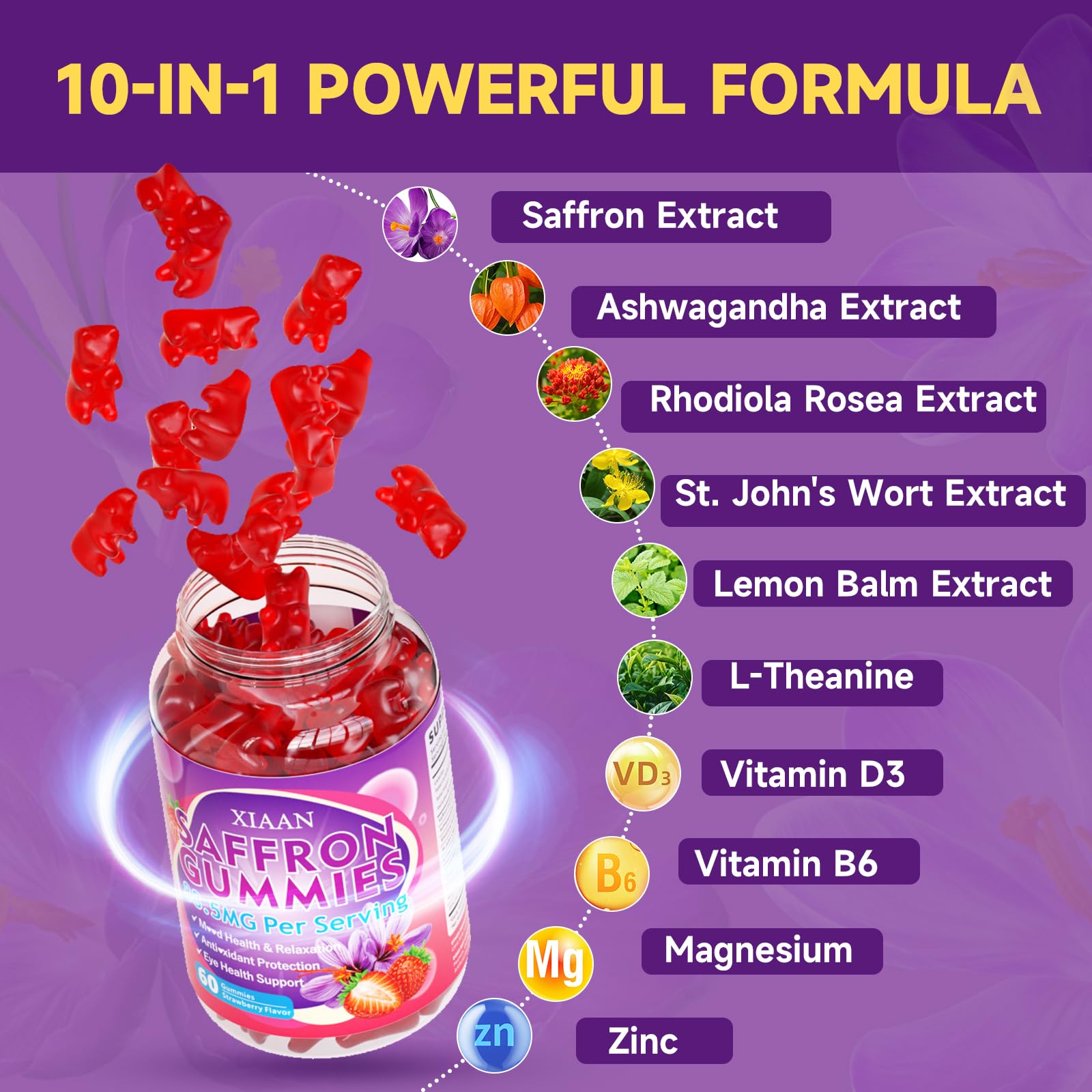 XIAAN saffron gummies strawberry flavor label emphasizes organic, sugar-free ingredients.