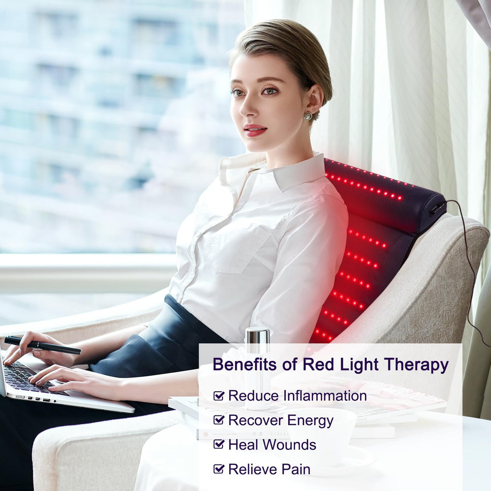 Xinheyie red light therapy mat neck-support angled view targets tense areas during breaks.