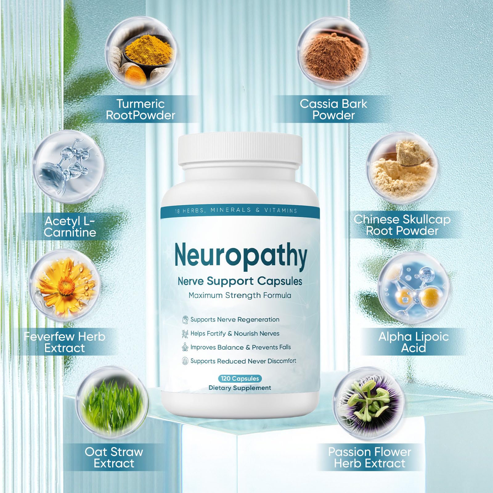 XIOEGSKE Neuropathy Support bottle label view with ingredients and vegan claim