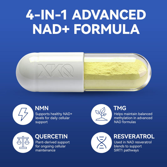 XKQ NAD+ supplement bottle back showing ingredients and serving size.